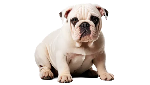 English Bulldog, cute, wrinkled face, short snout, floppy ears, big eyes, black nose, white fur with brown patches, sitting, relaxed posture, paws together, soft focus, warm lighting, shallow depth of