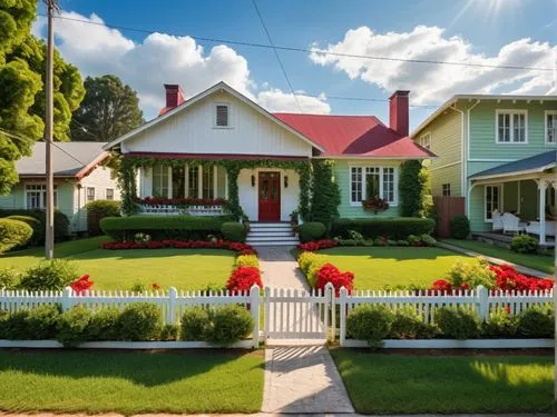 a mansion with a long porch sits on a quiet street surrounded by tall green trees. The walls are painted a deep red, reminiscent of a classic painting. The front door is adorned with intricate vines a