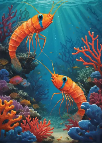 Write a heartwarming story about blue devils shrimp finding love in a coral reef.,aquarium inhabitants,underwater background,underwater landscape,aquarium decor,ornamental shrimp,two fish,aquaculture,