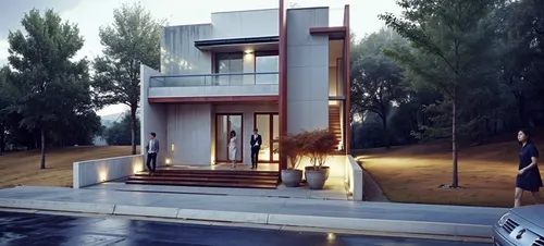 some people are entering a nice modern house,prefab,modern house,prefabricated,promisor,prempro,projectra