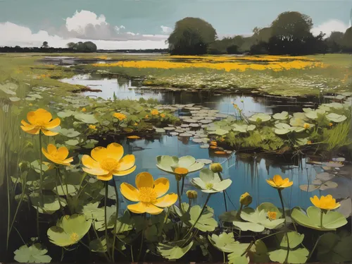 marsh marigolds,marsh marigold,lotus on pond,buttercups,water lilies,lotus pond,lily pads,nuphar,lily pond,lotuses,brook avens,waterlily,white water lilies,pond flower,nuphar lutea,lotus flowers,lilly pond,lotus,trollius of the community,lotus plants,Conceptual Art,Oil color,Oil Color 01