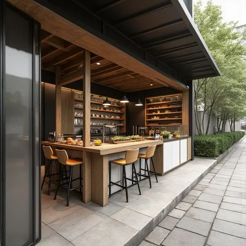 Design a Japanese-inspired sushi stand with a minimalist and modern aesthetic, located on a boulevard. The stand occupies an area of 20 square meters (approximately 215 square feet) and is surrounded 