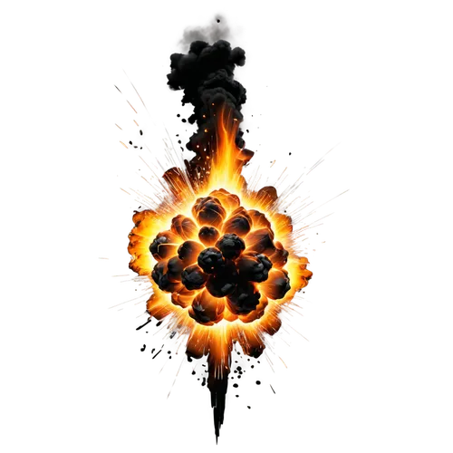 Dynamic explosion, shockwave, smoke and flames, intense light burst, debris scattering, loud boom sound effect, dark background, high contrast, dramatic composition, fast shutter speed, vibrant color 