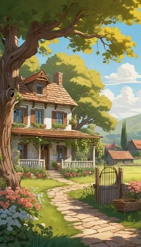 sylvania,home landscape,studio ghibli,little house,ghibli,arrietty,maplecroft,country cottage,country house,summer cottage,country estate,chomet,house in the forest,ludgrove,dreamhouse,forest house,beautiful home,tree house,layton,rosewood tree,Illustration,Japanese style,Japanese Style 07