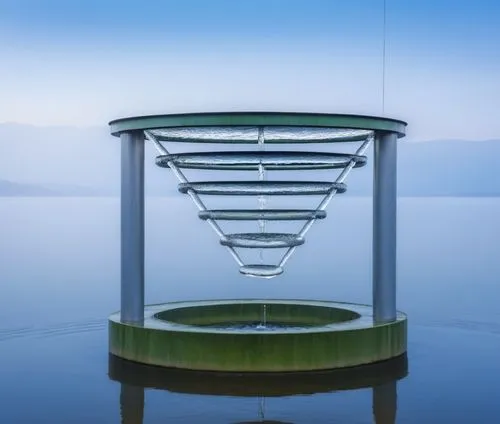 sculpture, public art, water dripping down circles to the center, water ripple, nature background
,a circular water fountain sits on top of a clear blue body of water,water stairs,floating stage,refle