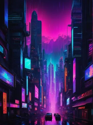 Futuristic DALL-E AI art, digital neon lights, glowing circuitry patterns, cyberpunk cityscape, towering skyscrapers, holographic advertisements, rainy night, misty atmosphere, reflective metallic sur