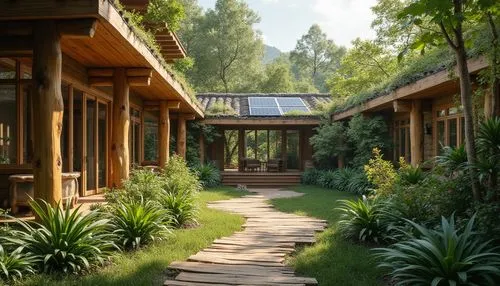 ecovillage,ecovillages,conservatory,greenhouse,walkway,grass roof,wooden path,wooden roof,ryokan,green garden,forest house,verandas,roof landscape,japan garden,verandah,ryokans,teahouse,bungalows,veranda,garden elevation,Photography,General,Realistic