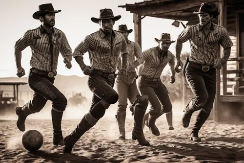 athletic team, Blackwater, Red Dead Redemption 2, vintage uniforms, sports cap, striped jerseys, leather boots, knee-high socks, action pose, running, ball in hand, dusty field, old-timey, western set