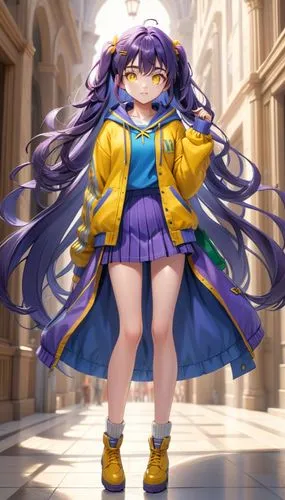 Female with indigo purple hair, yellow eyes, light academia clothing style, curvy,the anime character is wearing a yellow jacket,seiran,myrrh,komuna,michiru,ayeka,murasaki,Anime,Anime,General