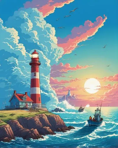 lighthouses,lighthouse,red lighthouse,electric lighthouse,light house,cartoon video game background,Illustration,Vector,Vector 19