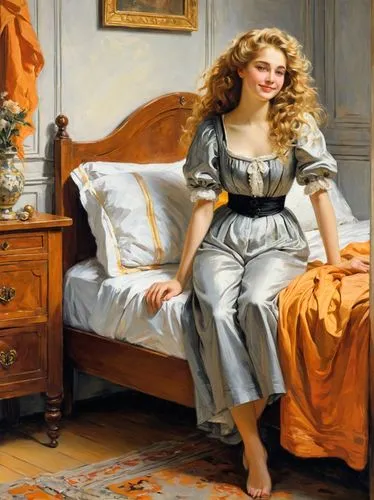 woman on bed,perugini,girl in bed,woman sitting,hildebrandt,young woman,Art,Classical Oil Painting,Classical Oil Painting 42