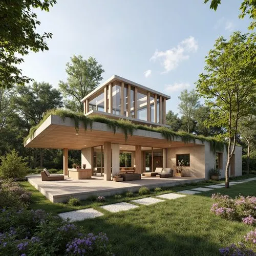 3d rendering,modern house,timber house,passivhaus,revit,forest house,summer house,wooden house,sketchup,landscaped,garden elevation,render,mid century house,danish house,residential house,inverted cottage,homebuilding,house in the forest,renderings,summer cottage