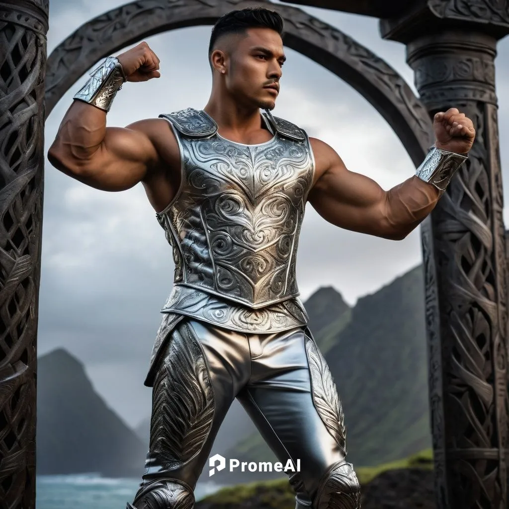 A son of Apollo as a full god, wearing a silver metal vest, silver metal pants, and silver metal boots, with powerful muscles, Maori, insanely handsome,atlantean,aquaman,silver,steel man,musclebound,h