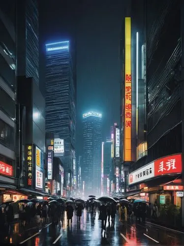 Futuristic skyscraper, curved lines, sleek metal exterior, LED lights, bustling cityscape, Tokyo streets, rainy night, neon advertisements, busy pedestrians, blurred motion, shallow depth of field, at