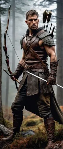 Male, muscular, rugged, battle-worn, serious expression, scar above eyebrow, short spiky hair, facial stubble, worn leather armor, brown gloves, quiver on back, giant sword, bow and arrow, hunting hor