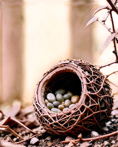 Insect nest, intricate structure, earthy tones, twigs, leaves, soil, small entrance, delicate details, macro photography, shallow depth of field, natural lighting, warm color tone, 3/4 composition, cl