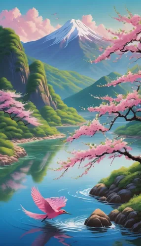 pink flower painting flying over water with pink flowers,japanese sakura background,landscape background,sakura background,japanese floral background,sakura trees,japan landscape