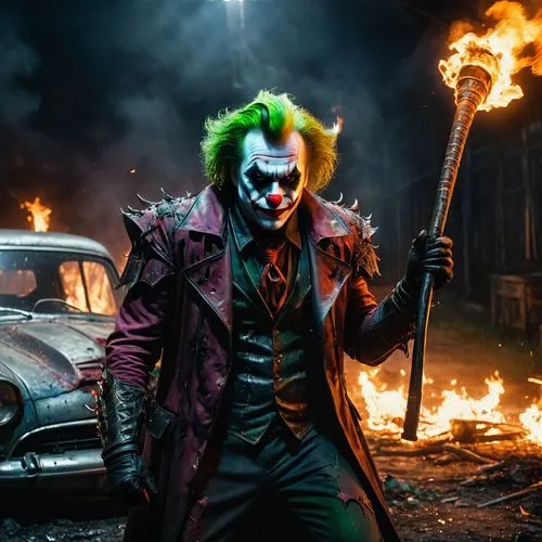 BATMAN style, bloodborne style, elder ring style, harley queen Epic joker CLOWN AS A DEVIL WiTH BASEBALL Stick, roped to  stick with fire. a damaged car. RAW Photo, dynamic composition, G-Master Lens,