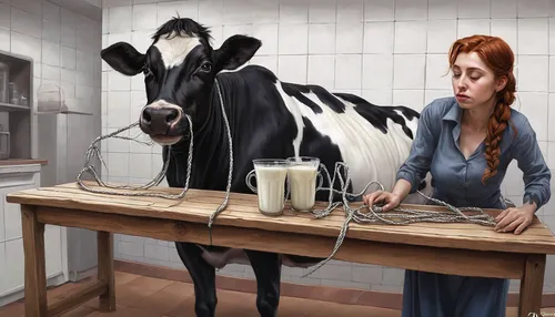 Create a humorous situation where someone gets tangled up in a malfunctioning milking table.,milkmaid,red holstein,milking,working animal,dairy cow,girl in the kitchen,milk cow,holstein cow,cow's milk