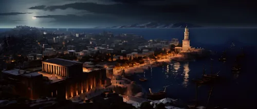 constantinople,kings landing,ancient city,fantasy picture,fantasy city,northrend,black city,digital compositing,imperial shores,the cairo,rome 2,bethlehem,heroic fantasy,night scene,destroyed city,cas