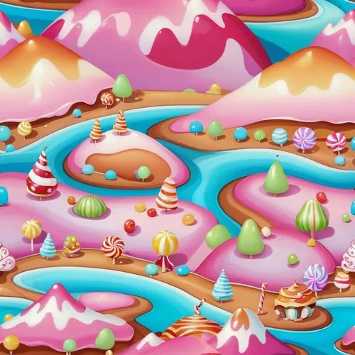 seamless candy land scenic background,a painting depicting candy land and mountains,candyland,cupcake background,mushroom landscape,fairy world,sweetland,cartoon video game background,Illustration,Abs