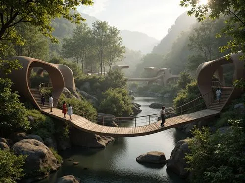 Curved, undulating blob-like bridges, organic forms, fluid shapes, natural materials, wooden planks, steel cables, suspension systems, lush greenery, hanging plants, misty atmosphere, soft warm lighti