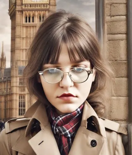 remove glass ,a girl with glasses standing in front of a building with big ben,british actress,ludgate,pevensie,evacuee,londoner,britpop,Photography,Realistic