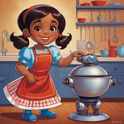 robot woman, apron, smiling happily, brown skin, dark hair, blue eyes, doll joints, seams, red lips, stirring a bowl,girl in the kitchen,cooking pot,pots and pans,children's stove,stovetop kettle,dwar