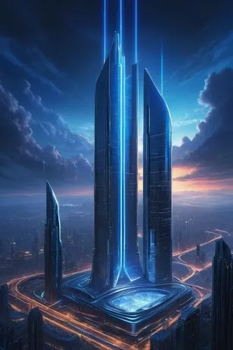 futuristic architecture,futuristic landscape,coruscant,cybercity,the skyscraper,skyscraper,cyberport,arcology,skylstad,kandor,ordos,pc tower,barad,supertall,megacorporation,skyreach,metropolis,skycraper,megacorporations,sky space concept,Conceptual Art,Fantasy,Fantasy 28