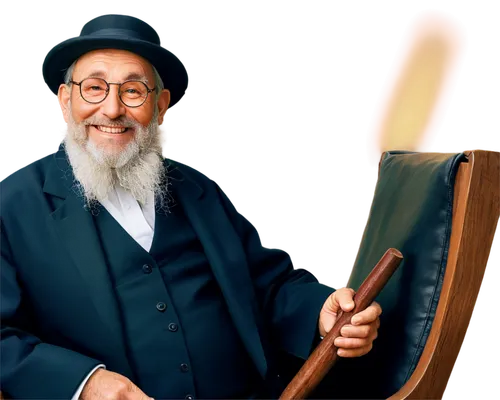 Cartoon Rabbi, old man, white beard, glasses, black hat, long coat, holding Torah, smiling face, warm eyes, wrinkles, aged skin, sitting on a chair, indoor setting, soft lighting, 3/4 composition, war