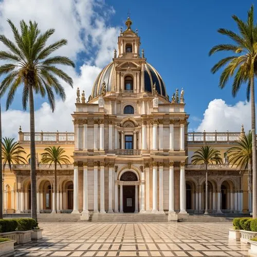 a building that is next to palm trees,basilica of saint peter,noto,sicilia,borromini,basilica di san pietro,monastery of santa maria delle grazie,sicily,saint peter's basilica,basilica di san pietro i