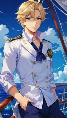 A handsome sailor with short messy blonde hair, in costume was relaxing on a ship on the high seas. He wears a sailor uniform, consisting of medium blue pants, a navy blue shirt and a white sailor's o