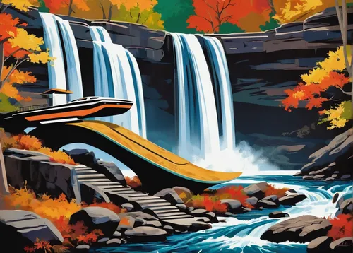 fall landscape,ilse falls,falls,bridal veil fall,brown waterfall,falls of the cliff,ash falls,autumn landscape,bond falls,waterfalls,waterfall,fall foliage,cascades,niagara,water falls,water fall,autumn background,autumn mountains,bow falls,river landscape,Illustration,Retro,Retro 12