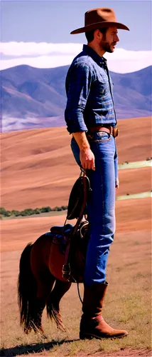 Western country landscape, sunny afternoon, vast open plains, rolling hills, scattered cowboy ranches, wooden fences, wild mustangs, rugged cowboy, worn leather boots, faded denim jeans, plaid shirt, 