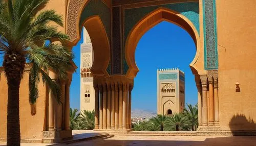 Oran Moorish architecture, intricate stone carvings, grand arches, Islamic geometric patterns, ornate tile work, vibrant turquoise domes, minarets, Arabic calligraphy, cream-colored walls, majestic en