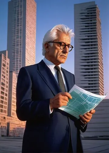 Aldo Rossi, Italian architect, mature man, glasses, white hair, suit, tie, holding blueprints, standing in front of a skyscraper, cityscape, urban planning, metropolitan area, modern architecture, bru