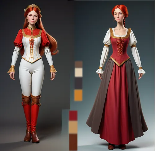 Paper doll medieval noble women in white blouse , red medieval tight hose legging with brown boot standing and a set of elegant colorful medieval noble dress on 4 color full color full hd,women's clot