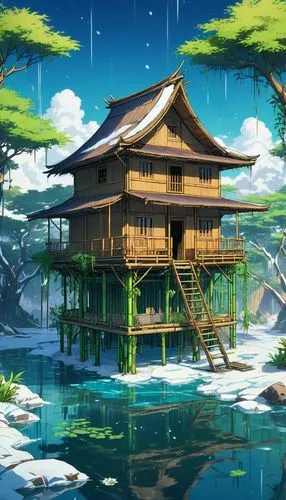 house with lake,teahouse,house by the water,onsen,japanese background,floating huts,ryokan,forest house,japan landscape,asian architecture,treehouse,golden pavilion,bamboo forest,houseboat,wooden house,dreamhouse,landscape background,floating island,ricefield,house in the forest,Illustration,Japanese style,Japanese Style 03