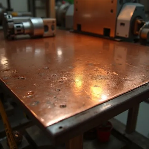 Copper material, industrial design, modern architecture, copper sheet, metallic texture, reflective surface, futuristic, high-tech, mechanical parts, machinery, factory setting, bright lighting, drama