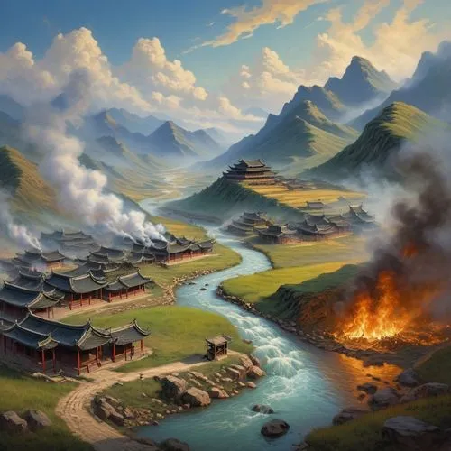 fantasy landscape,world digital painting,tulou,mountain village,tianlong,huanglong,mountain settlement,landscape background,rongfeng,mountain scene,yunnan,townsmen,haicang,tianxia,mountainous landscape,guangshen,fantasy picture,xinglong,mountain landscape,shizhong,Illustration,Realistic Fantasy,Realistic Fantasy 03