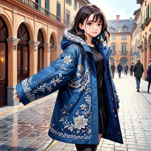 a girl is take off his coat over her shoulders a,a young woman dressed in an asian inspired coat walking down a street,shenmue,rinko,anime japanese clothing,medvedeva,imperial coat,chihaya,Anime,Anime