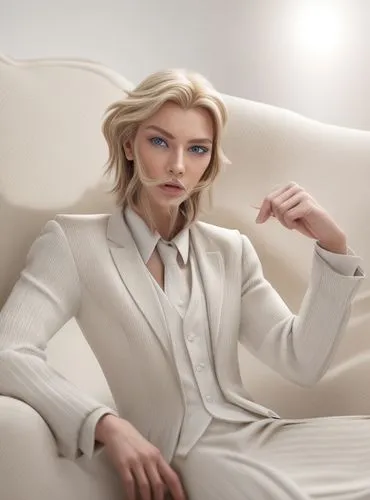 menswear for women,pantsuit,tilda,white silk,elegant,bolero jacket,white coat,sofa,woman in menswear,female model,blonde on the chair,white clothing,elegance,linen,women's clothing,men's suit,pale,sui