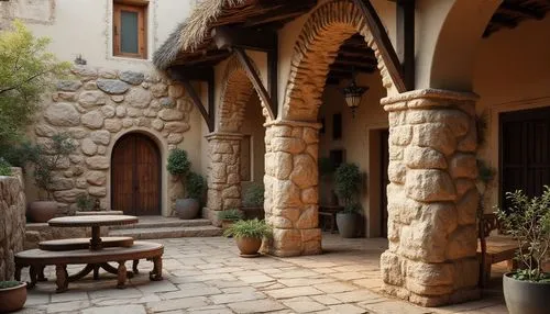 Rustic stone walls, weathered wooden planks, corrugated metal facades, rough-hewn granite columns, intricate brick patterns, ornate tile mosaics, natural fiber thatched roofs, earthy adobe buildings, 