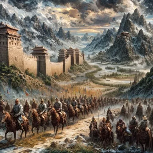 guards of the canyon,kings landing,heroic fantasy,the storm of the invasion,fantasy picture,great wall,wall,caravan,great wall wingle,genghis khan,horse herd,fantasy art,camel caravan,the arrival of t