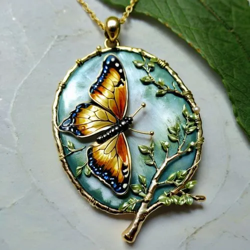 butterfly floral,necklace with winged heart,tropical butterfly,ulysses butterfly,glass wing butterfly,enamelled,Conceptual Art,Daily,Daily 34