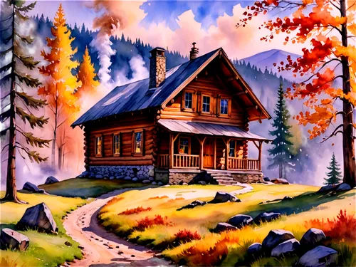 cottage,country cottage,house in the forest,home landscape,summer cottage,fall landscape,autumn landscape,log cabin,wooden house,lonely house,small cabin,autumn idyll,autumn background,little house,house painting,log home,house in mountains,the cabin in the mountains,houses clipart,forest house,Conceptual Art,Oil color,Oil Color 22