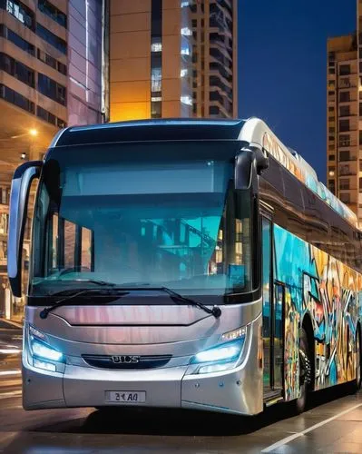 Modern bus, futuristic architecture, sleek design, silver metallic body, curved lines, LED headlights, panoramic windows, spacious interior, comfortable seating, wooden flooring, ambient lighting, cit