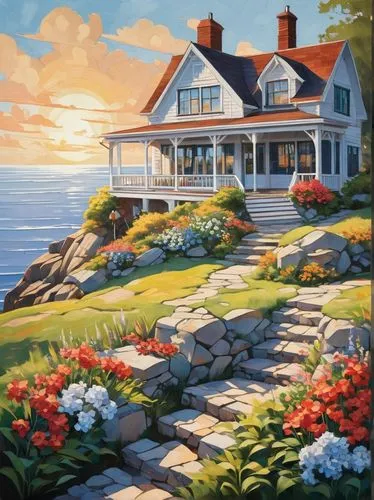 summer cottage,house by the water,home landscape,cottage,seaside country,coastal landscape,fisherman's house,monhegan,house with lake,seaside view,oceanfront,seaside resort,house painting,beach landscape,shorefront,beachfront,kirkland,mawes,new england style house,summer house,Art,Artistic Painting,Artistic Painting 45