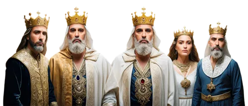 Three kings, medieval fantasy, majestic posture, gold crowns, long white beards, regal robes, intricately embroidered, velvet texture, ornate jewelry, solemn facial expressions, dramatic backlighting,