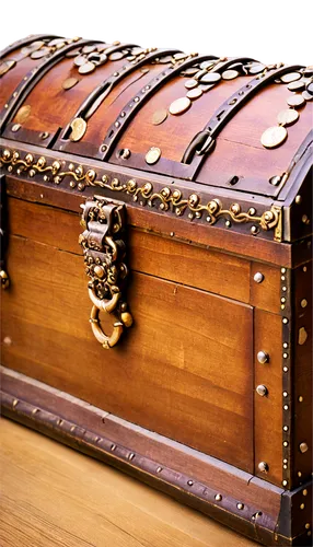 Old, wooden treasure chest, adorned with golden locks, intricate carvings, rusty hinges, worn-out leather straps, overflowing with glittering gold coins, precious jewels, shiny pearls, antique artifac